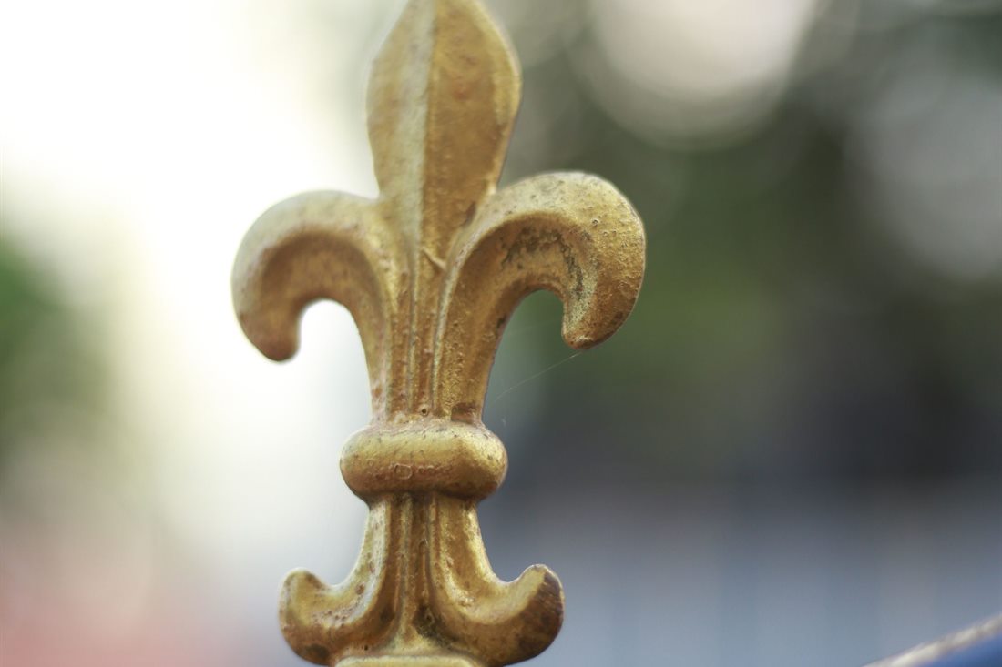 Close-up of a gold fleur-de-lis finial on top of a dark metal fence rail