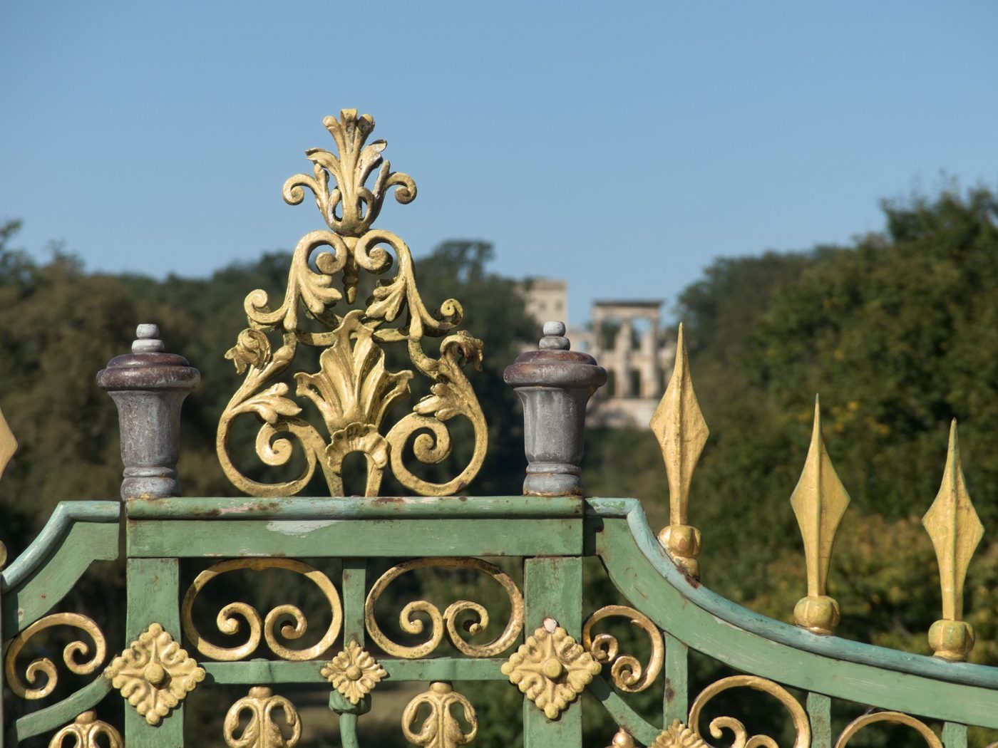 Green and gold wrought iron gate top with scrollwork and spear finials against trees