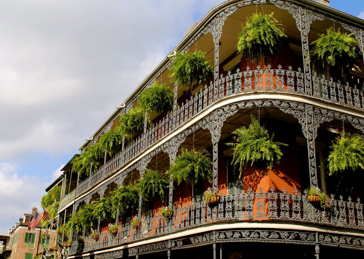 Ornate iron lace balconies with hanging ferns wrapping a historic corner building in New Orleans